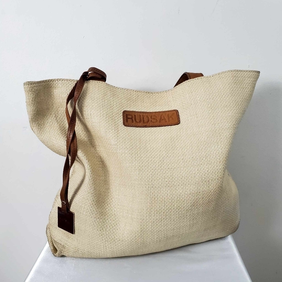 RUDSAK Handbags - RUDSAK Straw Handles Brown Leather Bag